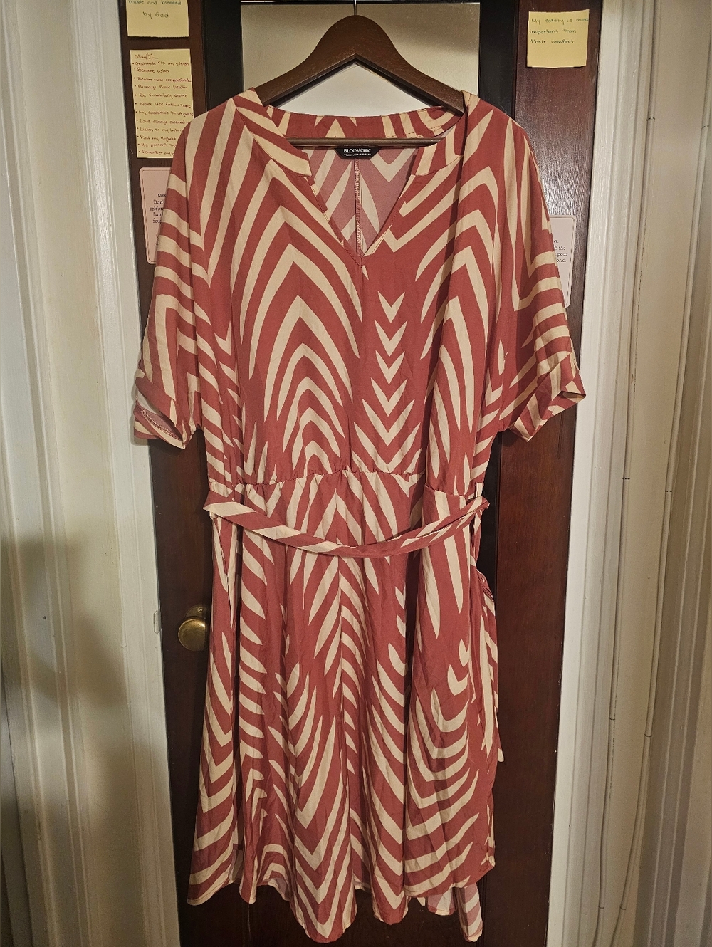BloomChic Rust and Cream Striped V-Neck Midi Dress